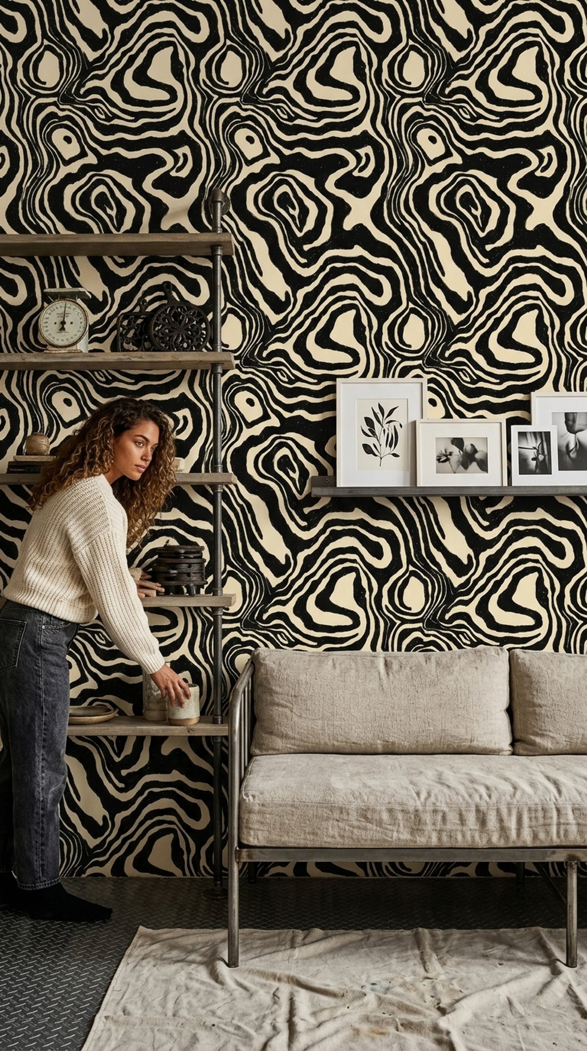 Soyut Dalgalı Desenli Duvar Kağıdı Siyah Beyaz Salon