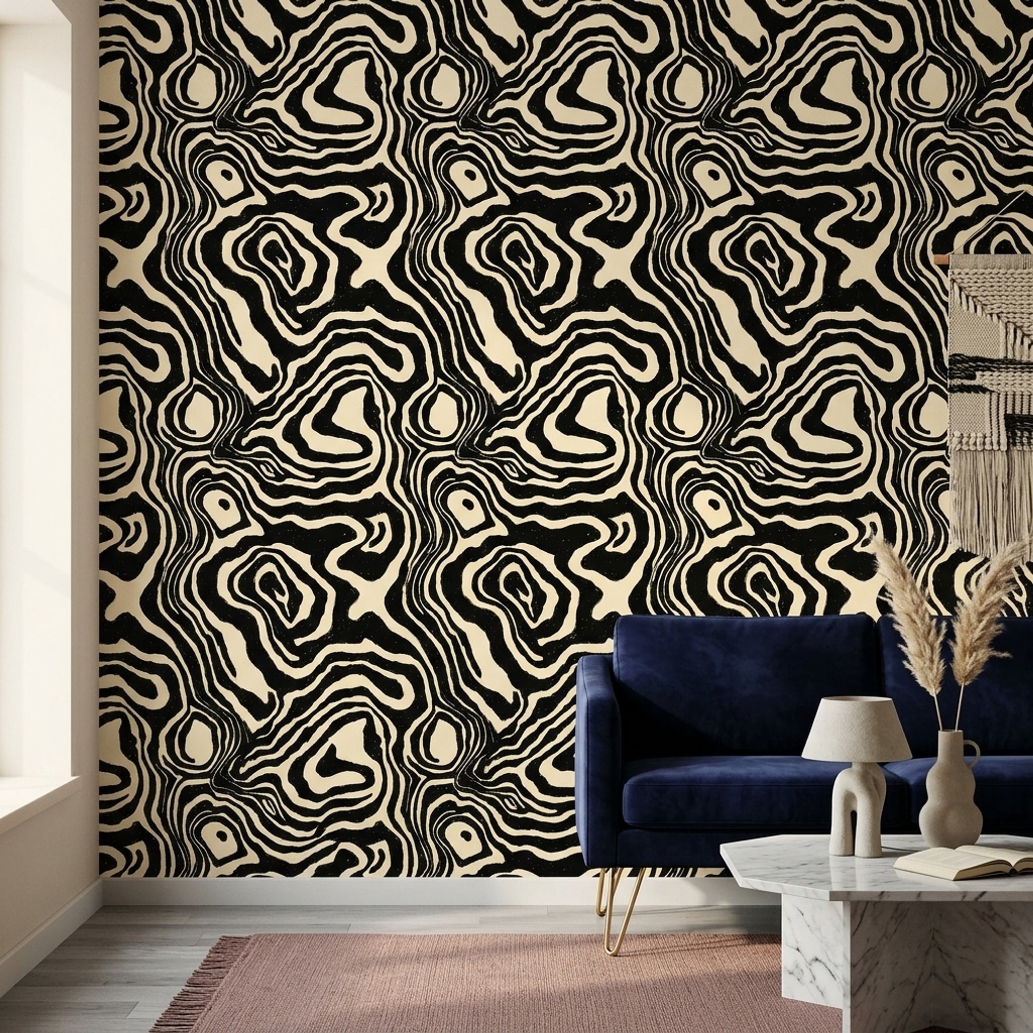 Soyut Dalgalı Desenli Duvar Kağıdı Siyah Beyaz Salon