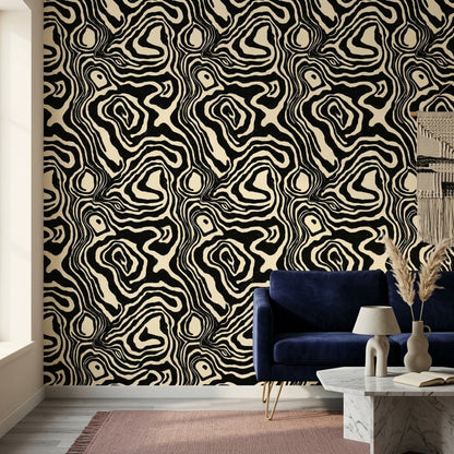 Soyut Dalgalı Desenli Duvar Kağıdı Siyah Beyaz Salon