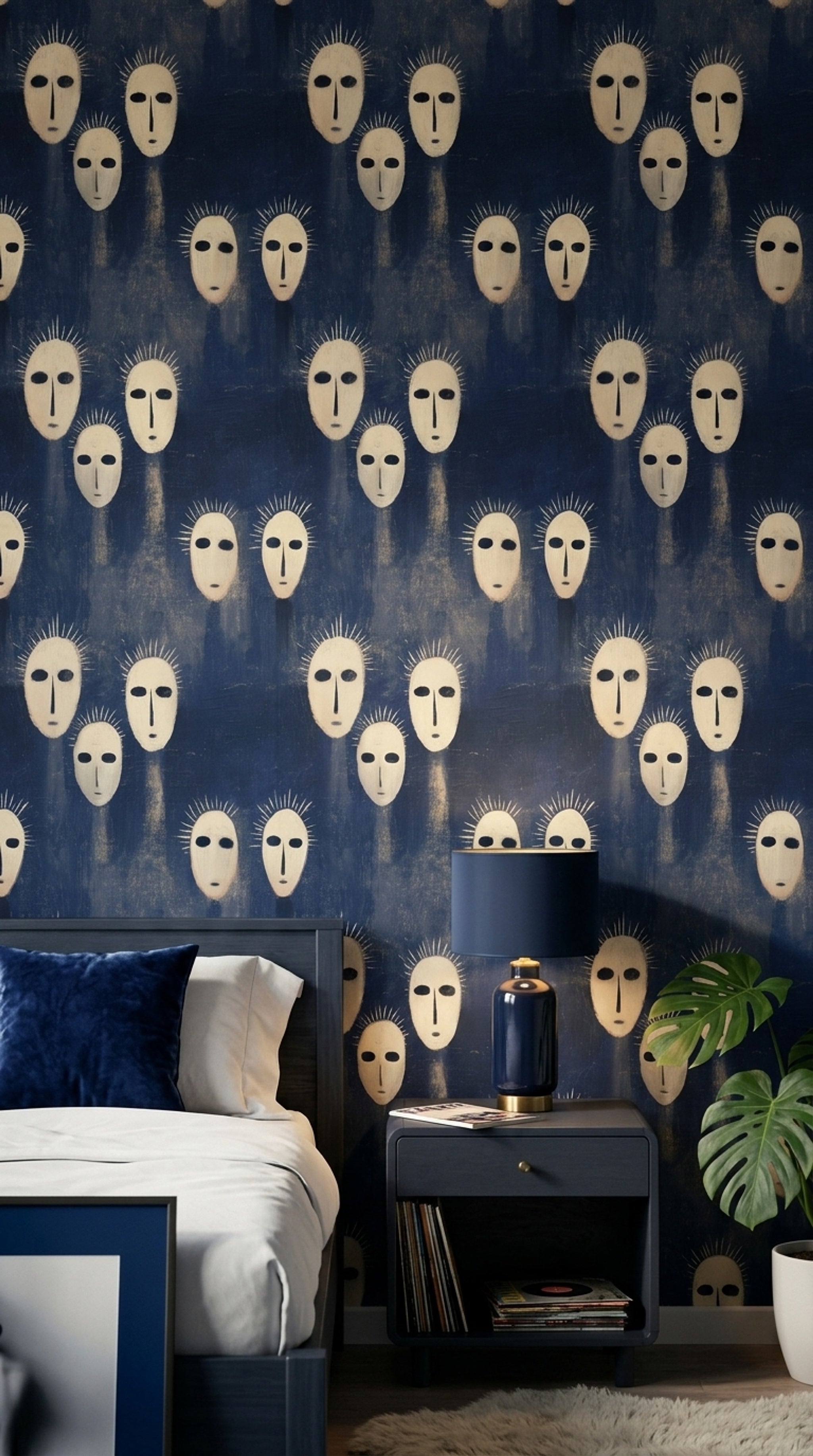 Soyut Mask Desenli Duvar Kağıdı Lacivert Modern Yatak Odası