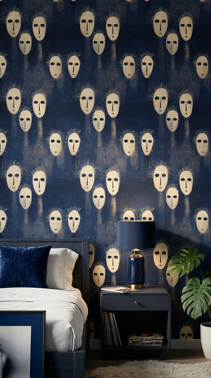 Soyut Mask Desenli Duvar Kağıdı Lacivert Modern Yatak Odası
