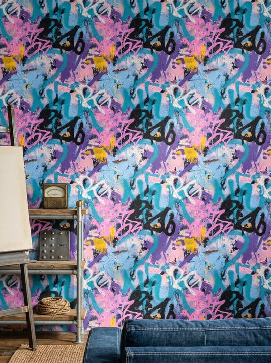 Renkli Grafiti Duvar Kağıdı Soyut Desenli Genç Odası