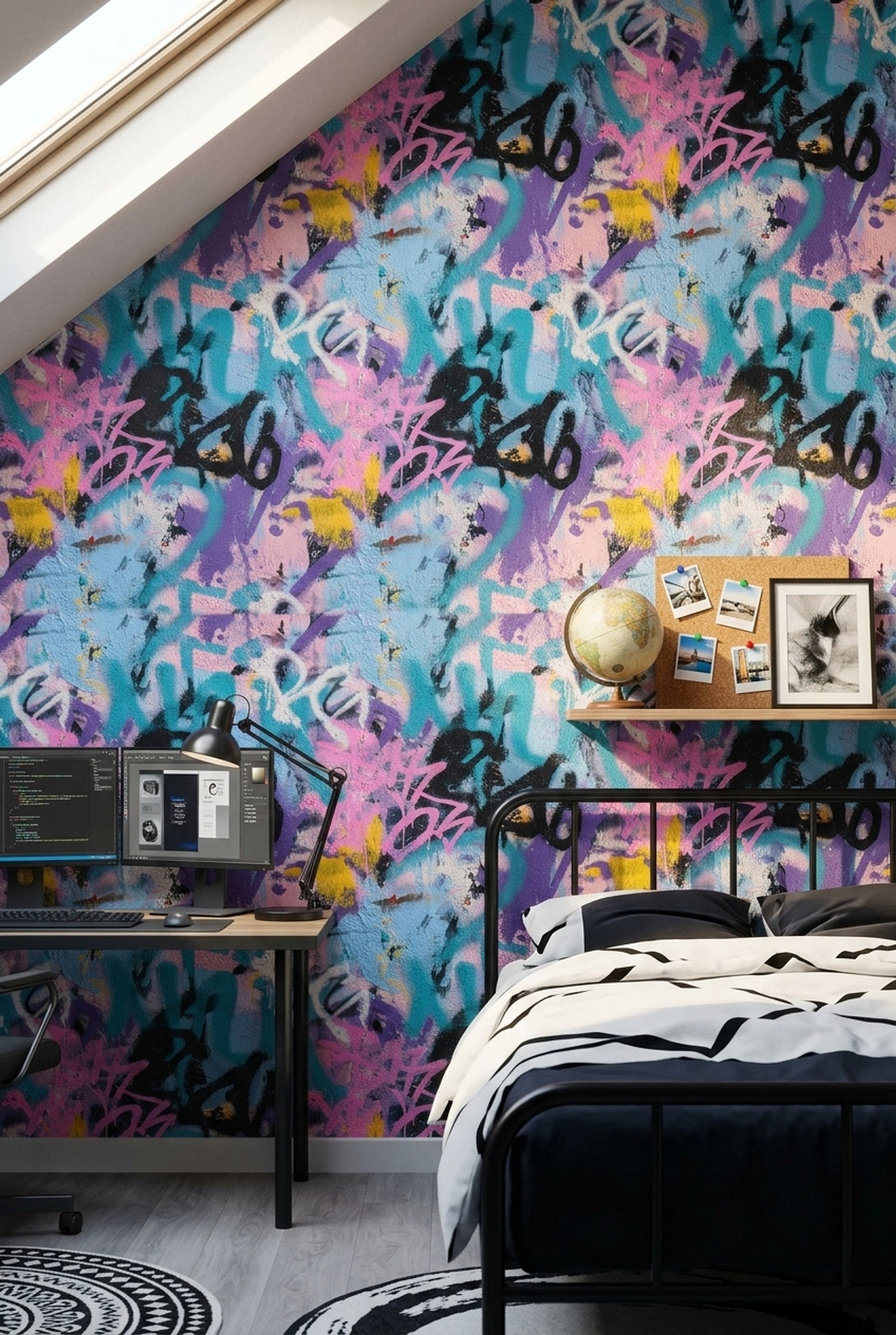 Renkli Grafiti Duvar Kağıdı Soyut Desenli Genç Odası