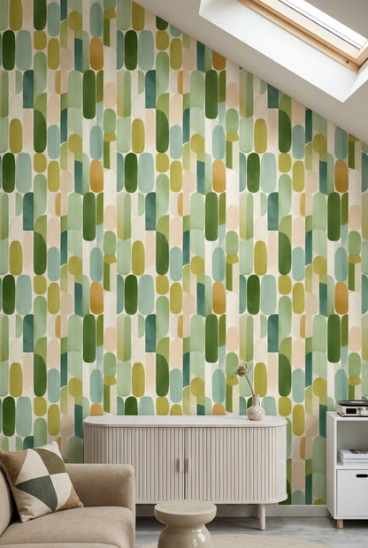 Retro Geometrik Duvar Kağıdı Yeşil Oval Desenli Salon