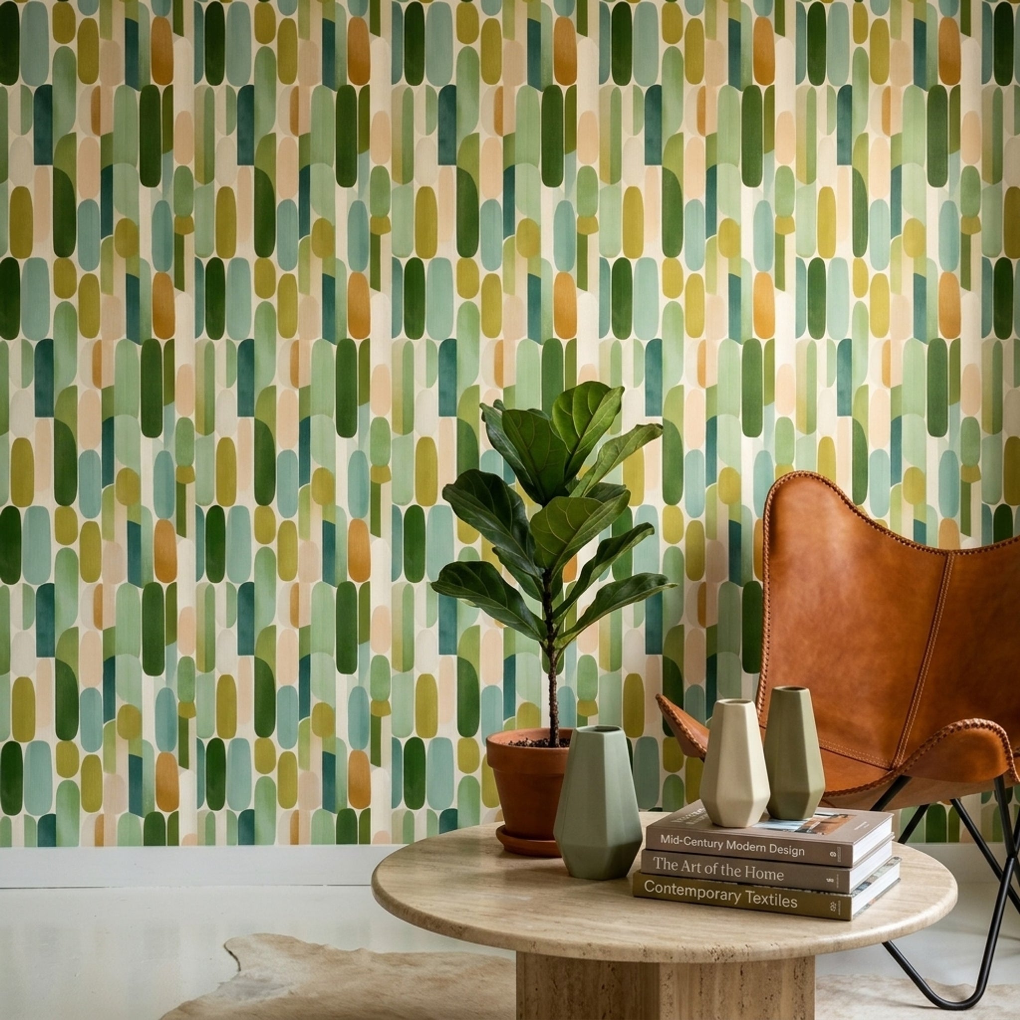 Retro Geometrik Duvar Kağıdı Yeşil Oval Desenli Salon