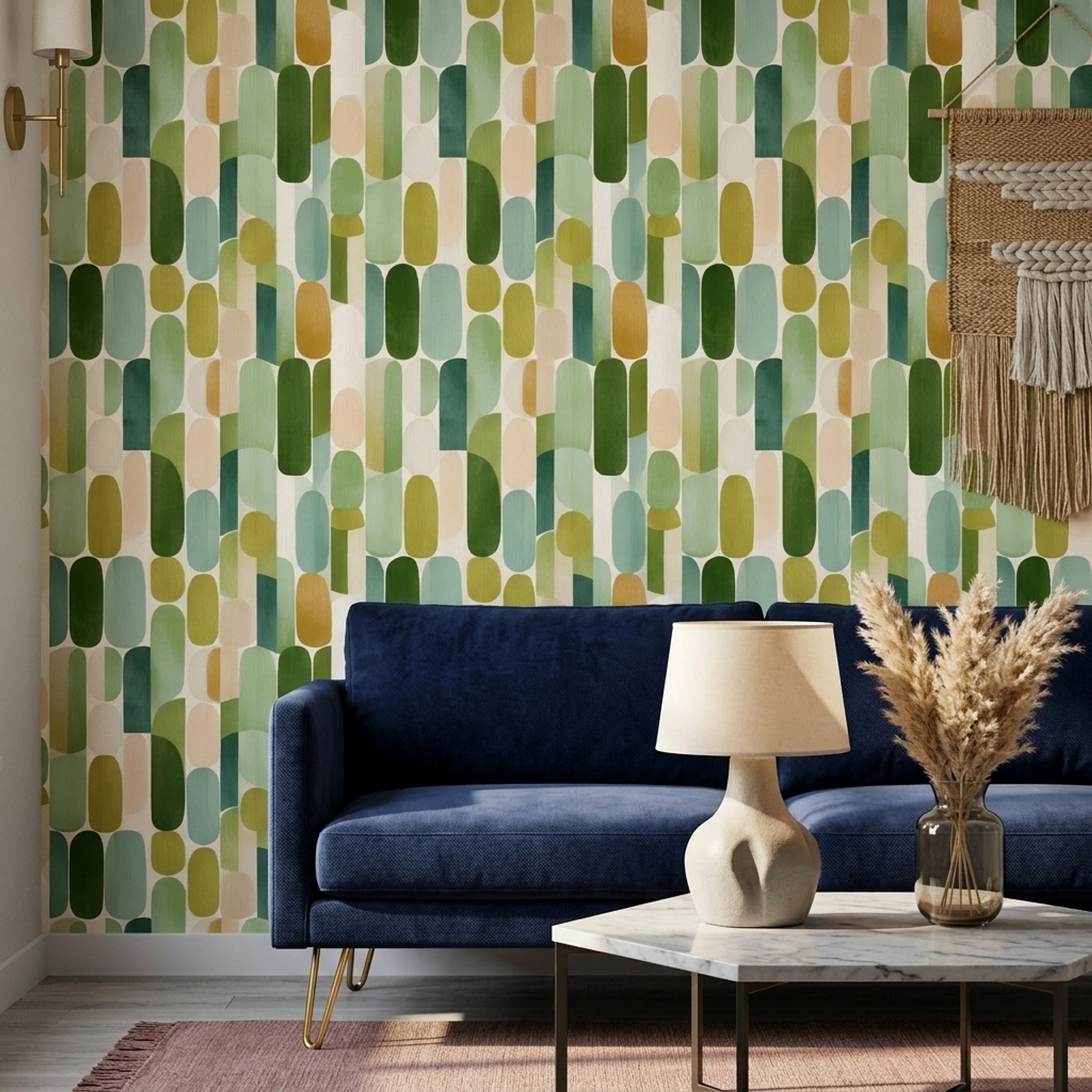 Retro Geometrik Duvar Kağıdı Yeşil Oval Desenli Salon