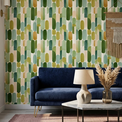 Retro Geometrik Duvar Kağıdı Yeşil Oval Desenli Salon