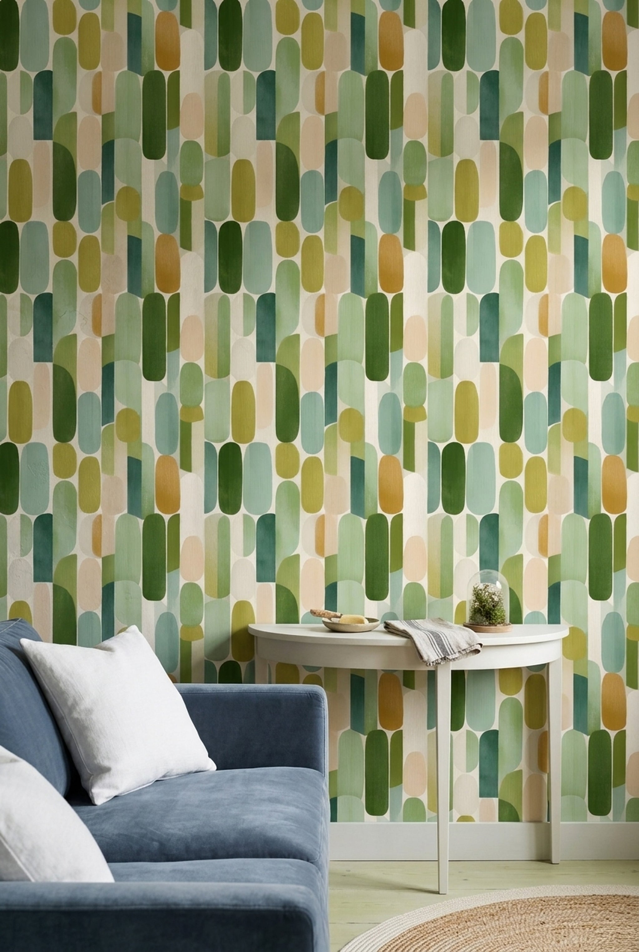 Retro Geometrik Duvar Kağıdı Yeşil Oval Desenli Salon