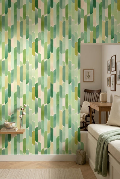 Yeşil Geometrik Duvar Kağıdı Modern Retro Desenli Salon