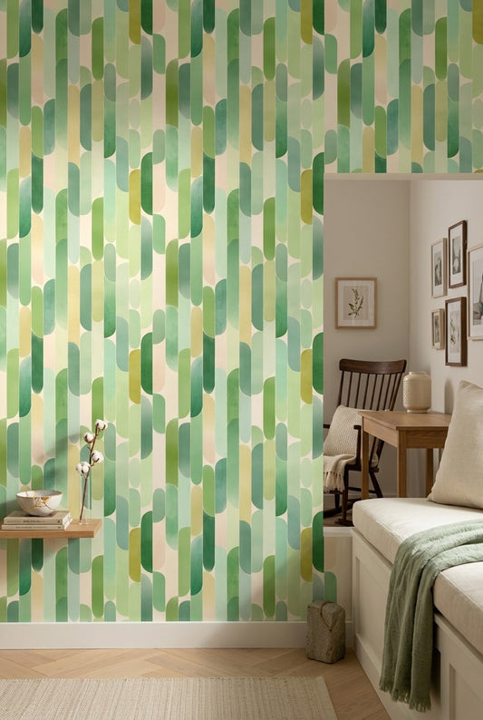 Yeşil Geometrik Duvar Kağıdı Modern Retro Desenli Salon