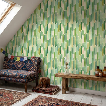 Yeşil Geometrik Duvar Kağıdı Modern Retro Desenli Salon