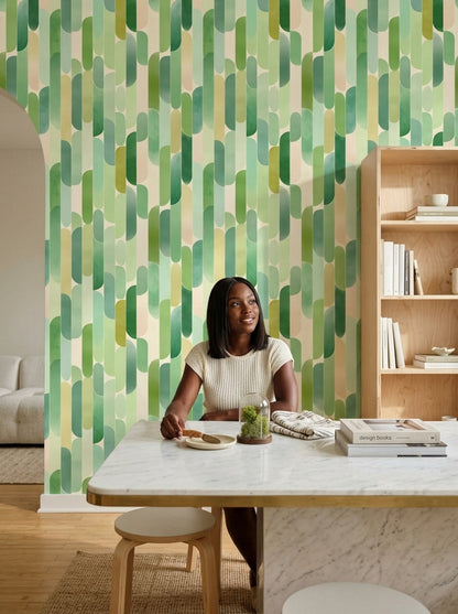 Yeşil Geometrik Duvar Kağıdı Modern Retro Desenli Salon