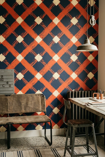 Ekose Desenli Duvar Kağıdı Lacivert Turuncu Geometrik Salon