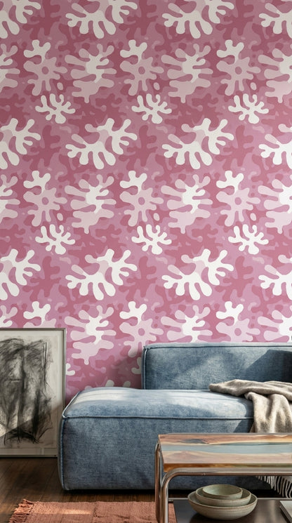 Pembe Kamuflaj Desenli Duvar Kağıdı Modern Salon Dekoru