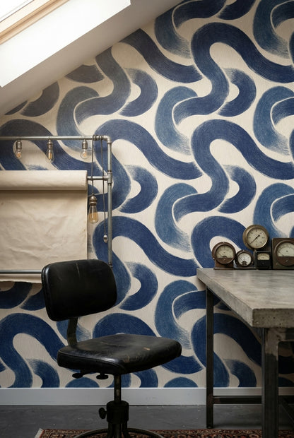 Mavi Dalga Desenli Duvar Kağıdı Modern Salon Dekoru