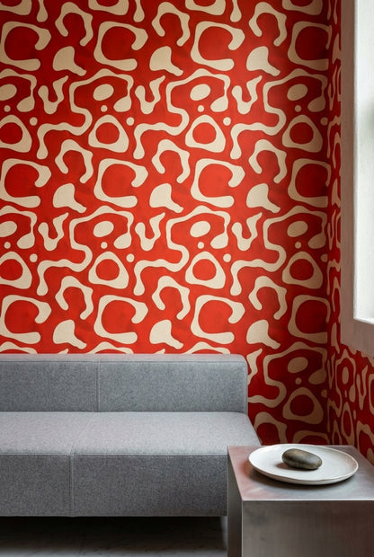 Retro Geometrik Duvar Kağıdı Kırmızı Krem Salon Desenli