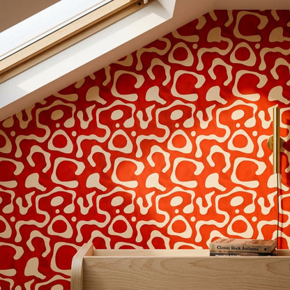 Retro Geometrik Duvar Kağıdı Kırmızı Krem Salon Desenli
