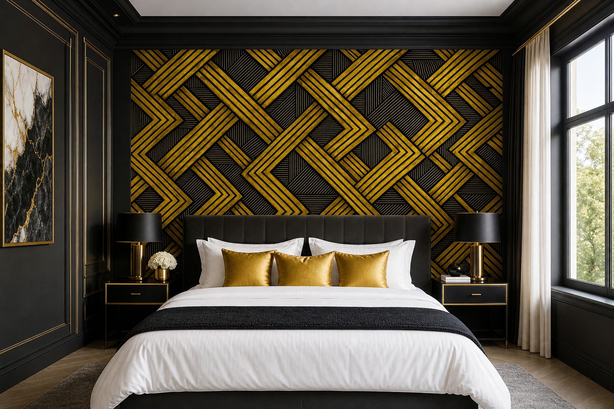 Altın Siyah Geometrik Poster Duvar Kağıdı Art Deco Salon
