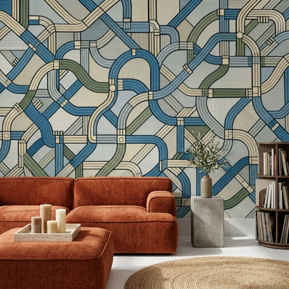 Geometrik Şeritli Poster Duvar Kağıdı Mavi Yeşil Modern Salon