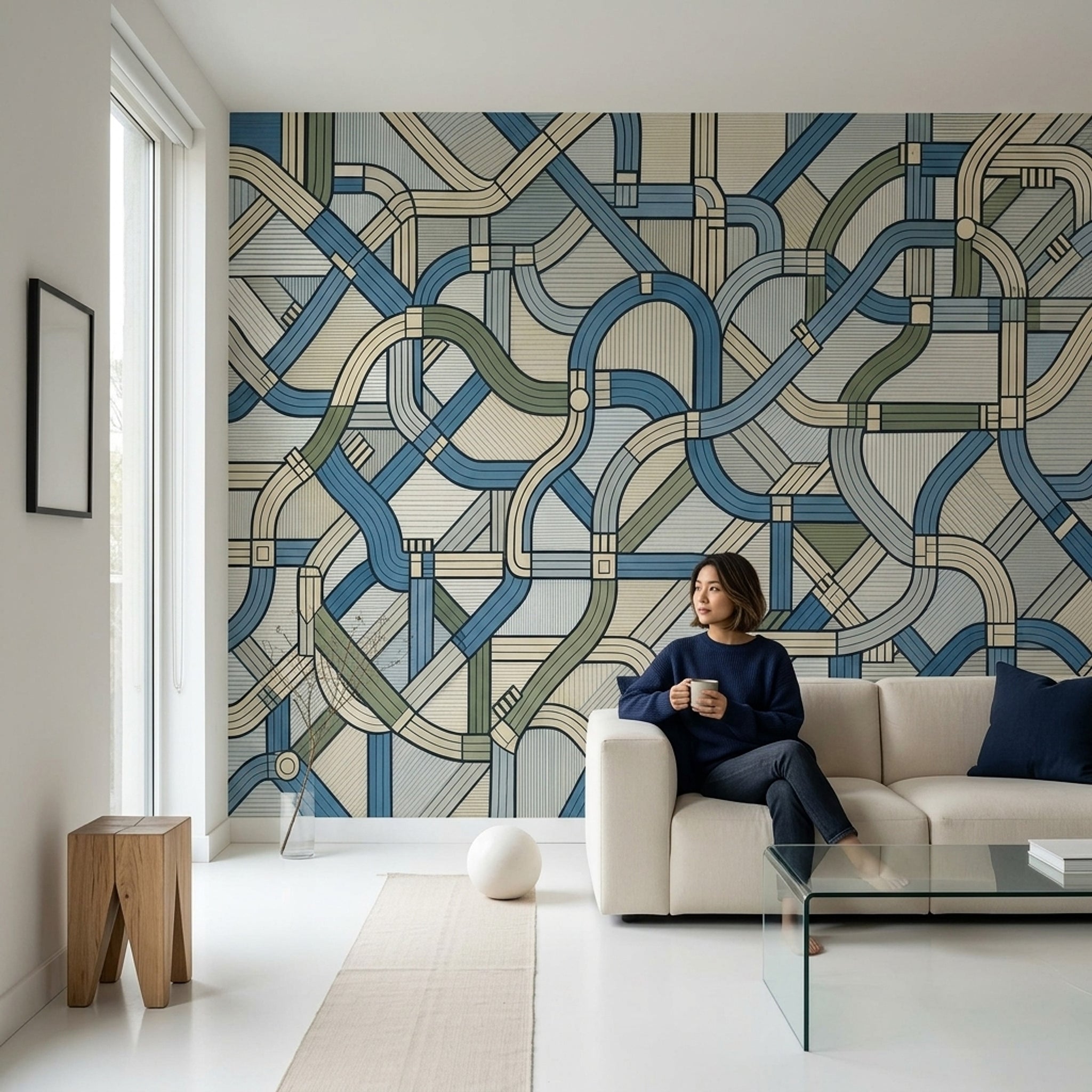 Geometrik Şeritli Poster Duvar Kağıdı Mavi Yeşil Modern Salon