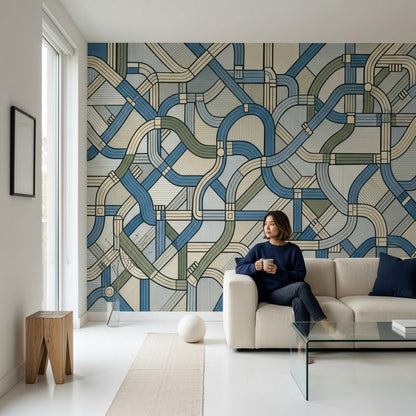 Geometrik Şeritli Poster Duvar Kağıdı Mavi Yeşil Modern Salon