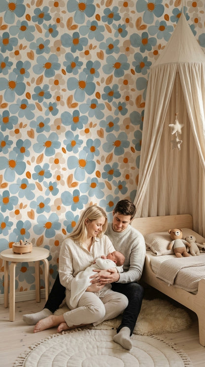 Mavi Papatya Desenli Duvar Kağıdı Retro Salon Dekoru