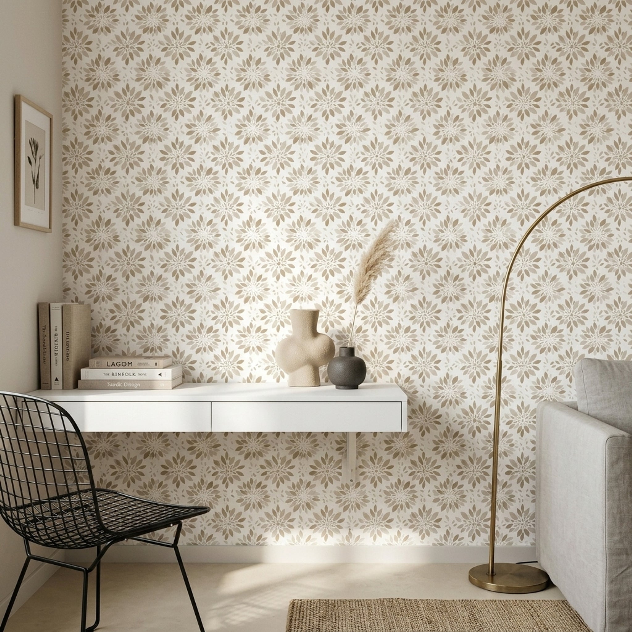 Bej Çiçek Motifli Duvar Kağıdı Minimal Salon Deseni