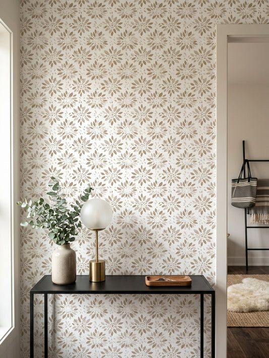 Bej Çiçek Motifli Duvar Kağıdı Minimal Salon Deseni