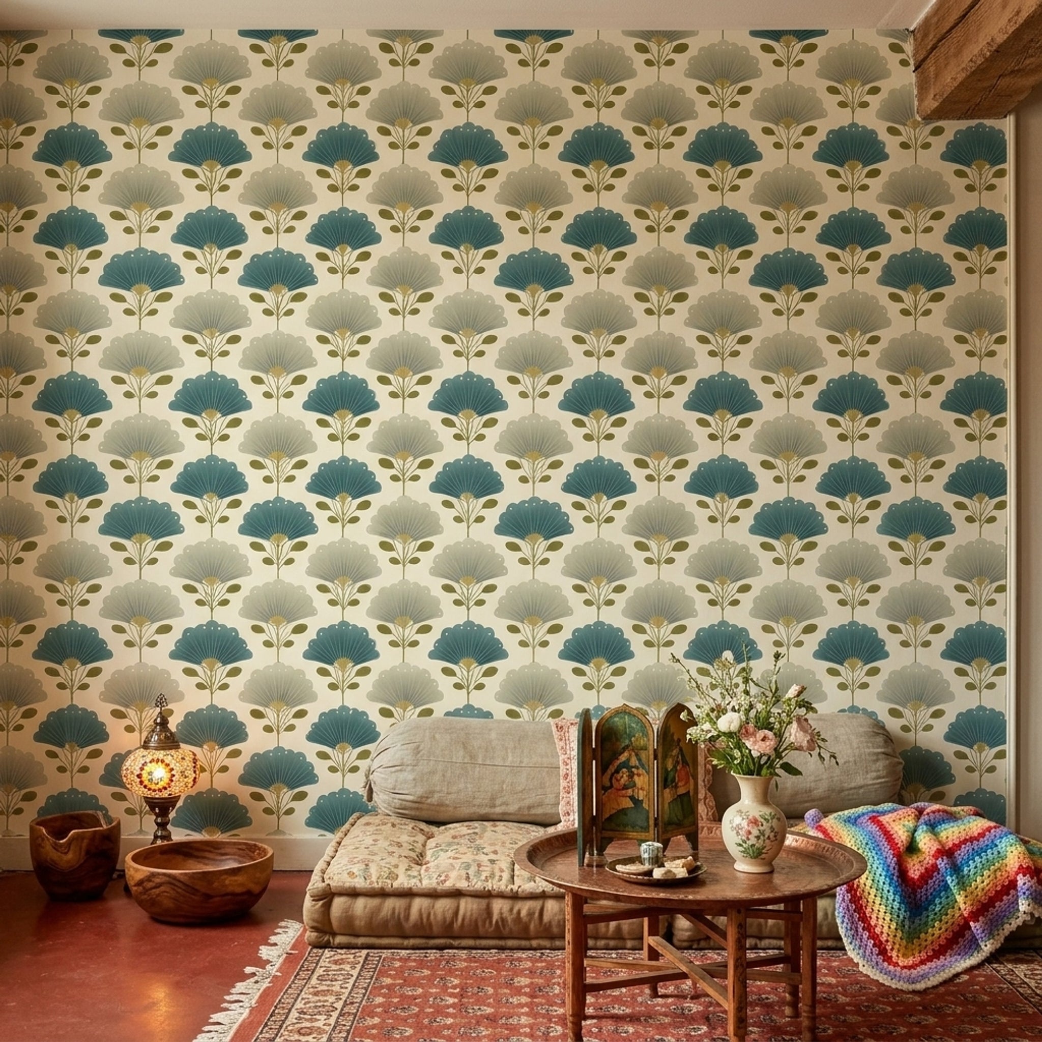 Yelpaze Çiçek Desenli Duvar Kağıdı Mavi Bej Retro Salon