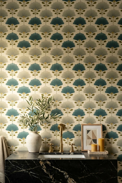 Yelpaze Çiçek Desenli Duvar Kağıdı Mavi Bej Retro Salon