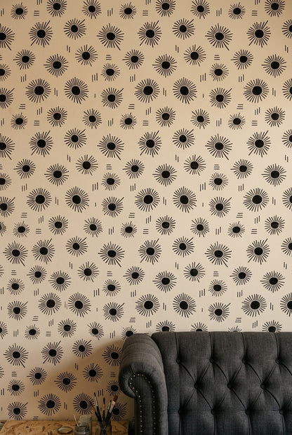 Güneş Işınlı Geometrik Duvar Kağıdı Bej Siyah Salon