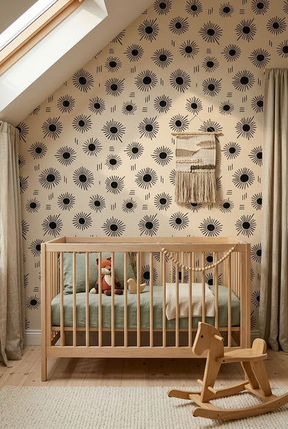 Güneş Işınlı Geometrik Duvar Kağıdı Bej Siyah Salon