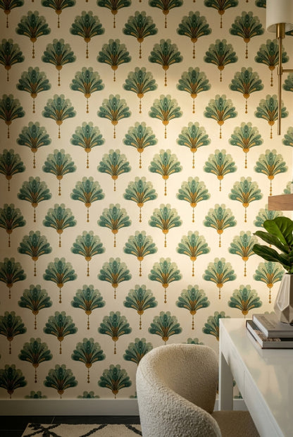 Art Deco Yelpaze Motifli Duvar Kağıdı Yeşil Krem Salon