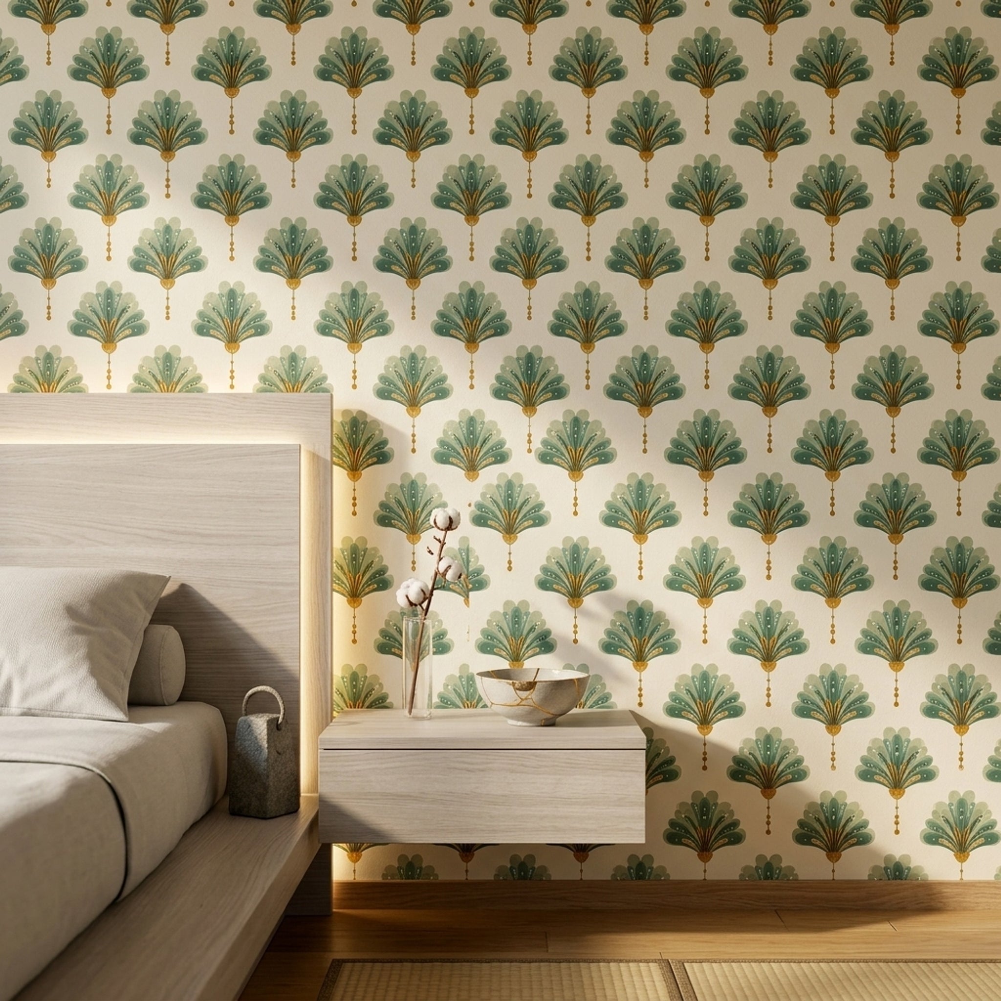 Art Deco Yelpaze Motifli Duvar Kağıdı Yeşil Krem Salon