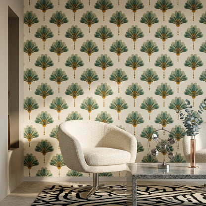 Art Deco Yelpaze Motifli Duvar Kağıdı Yeşil Krem Salon