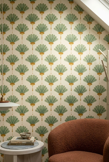 Art Deco Yelpaze Desenli Duvar Kağıdı Yeşil Krem Salon