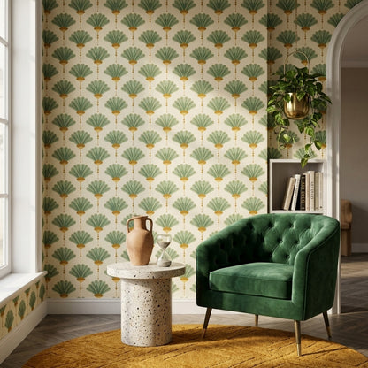 Art Deco Yelpaze Desenli Duvar Kağıdı Yeşil Krem Salon