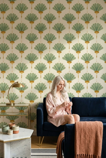 Art Deco Yelpaze Desenli Duvar Kağıdı Yeşil Krem Salon