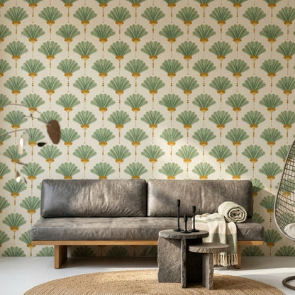 Art Deco Yelpaze Desenli Duvar Kağıdı Yeşil Krem Salon