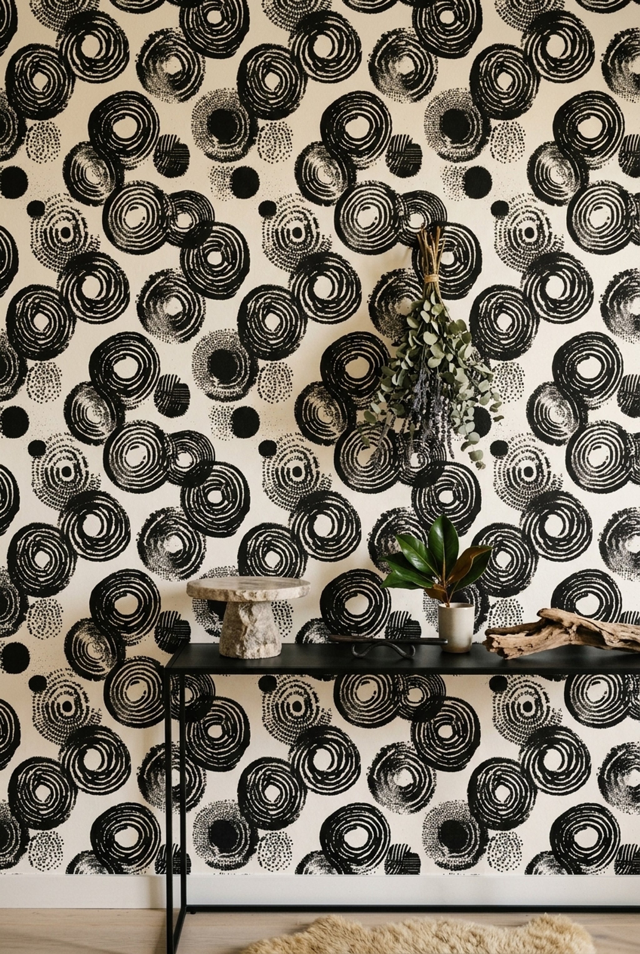 Siyah Beyaz Soyut Halkalı Duvar Kağıdı Modern Salon