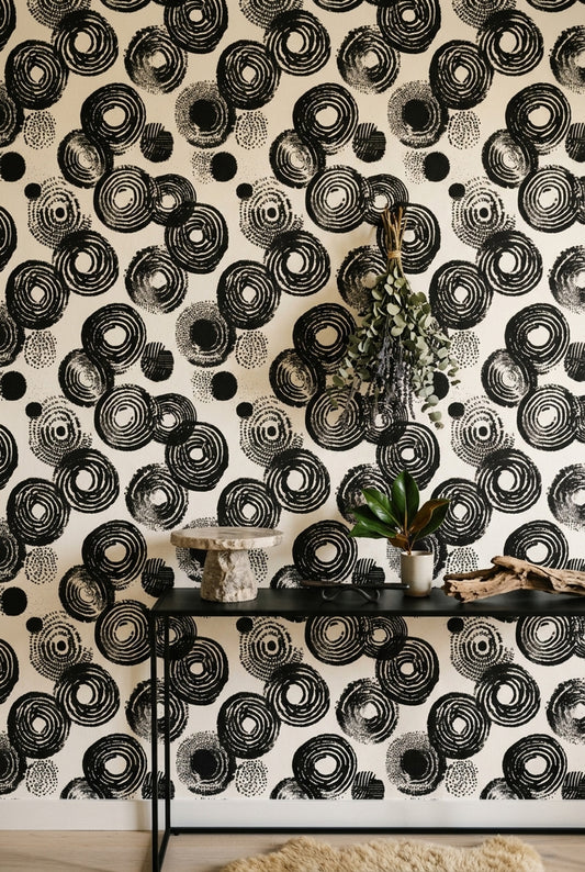 Siyah Beyaz Soyut Halkalı Duvar Kağıdı Modern Salon