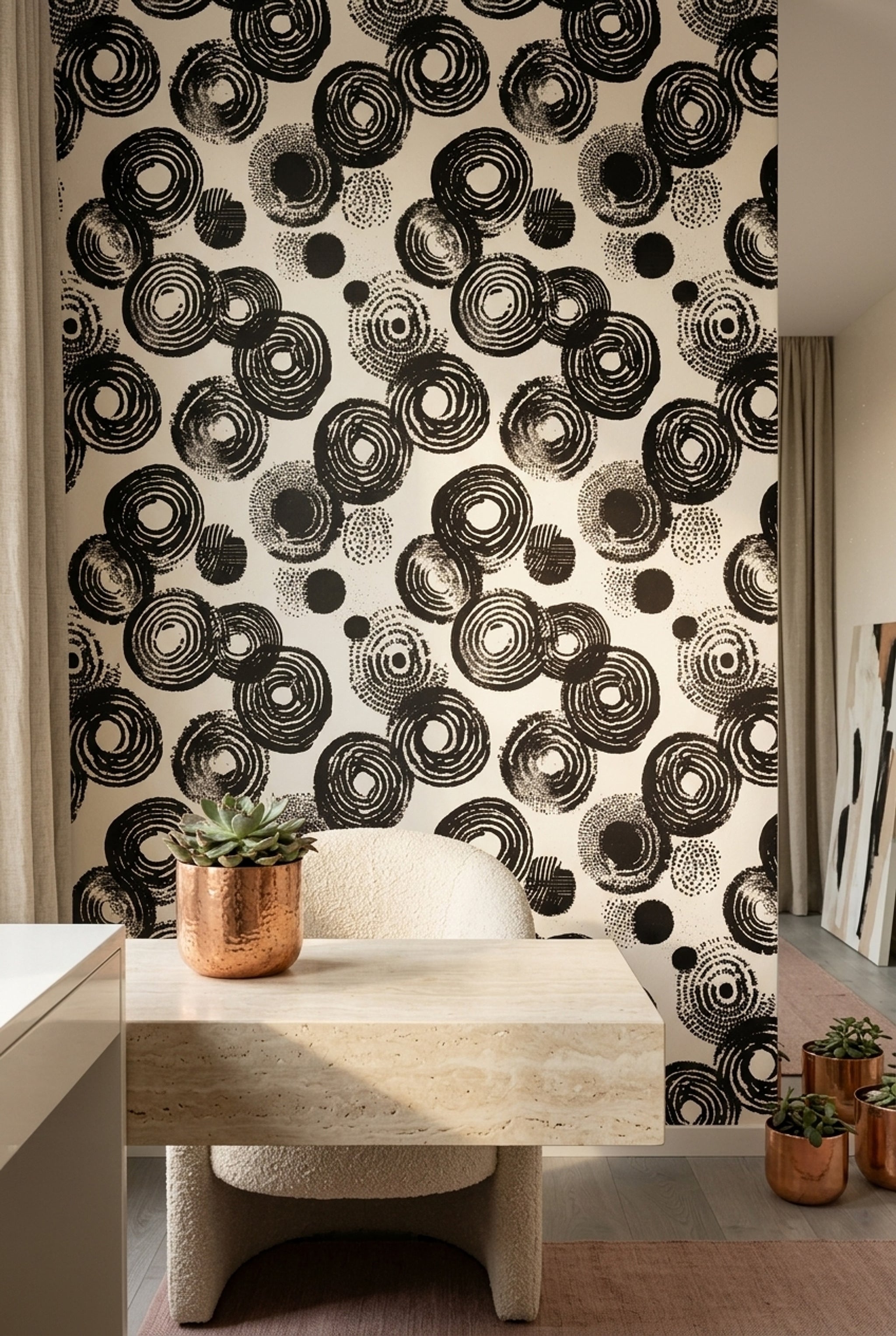 Siyah Beyaz Soyut Halkalı Duvar Kağıdı Modern Salon
