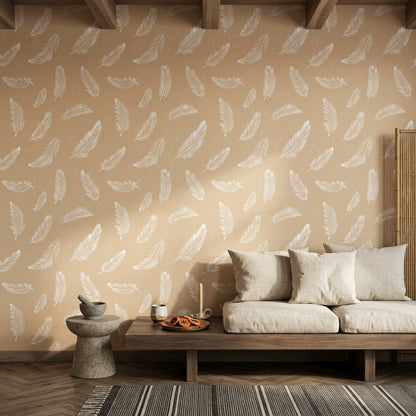 Tüy Desenli Duvar Kağıdı Bej Minimal Salon Dekoru