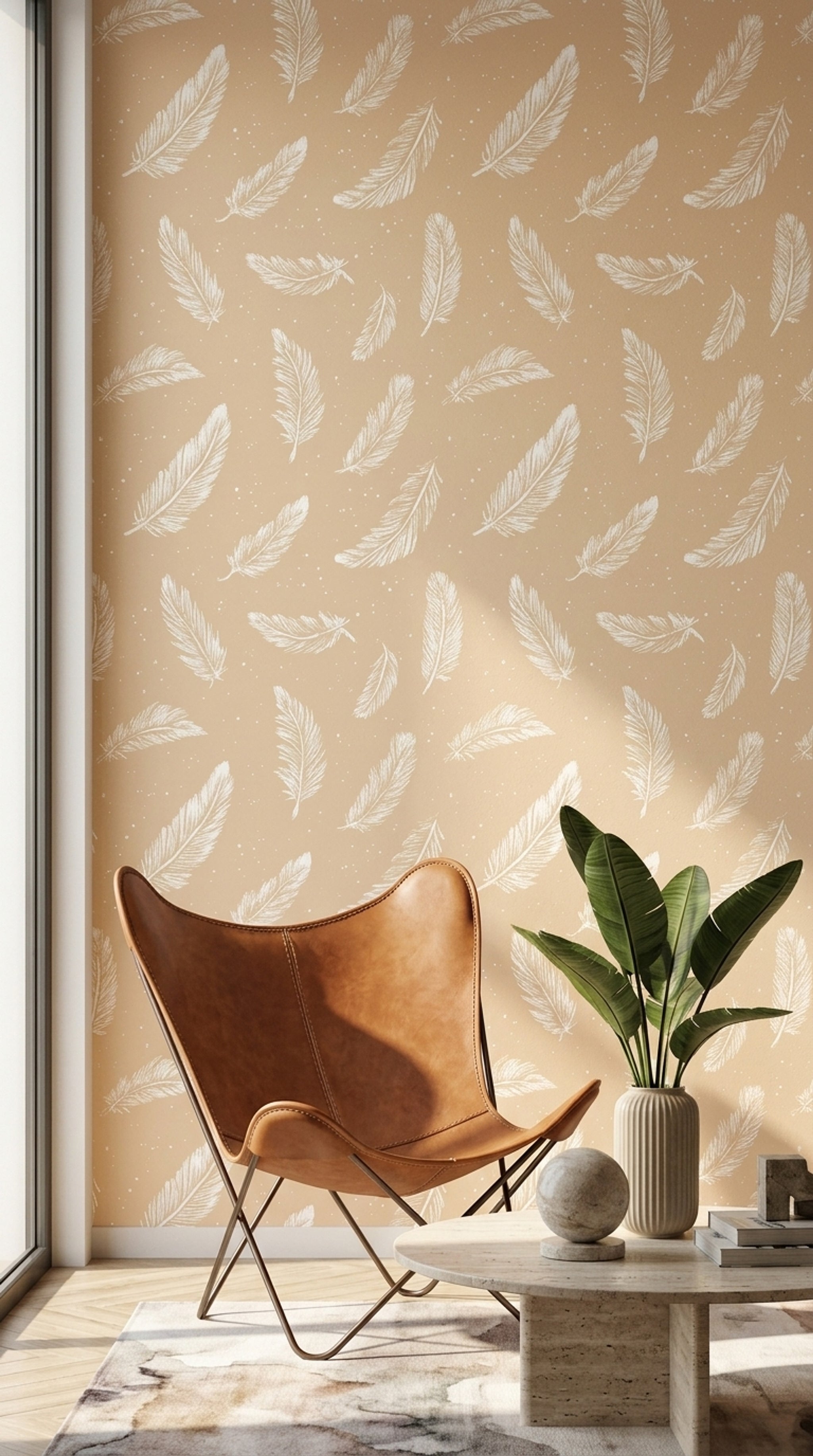 Tüy Desenli Duvar Kağıdı Bej Minimal Salon Dekoru