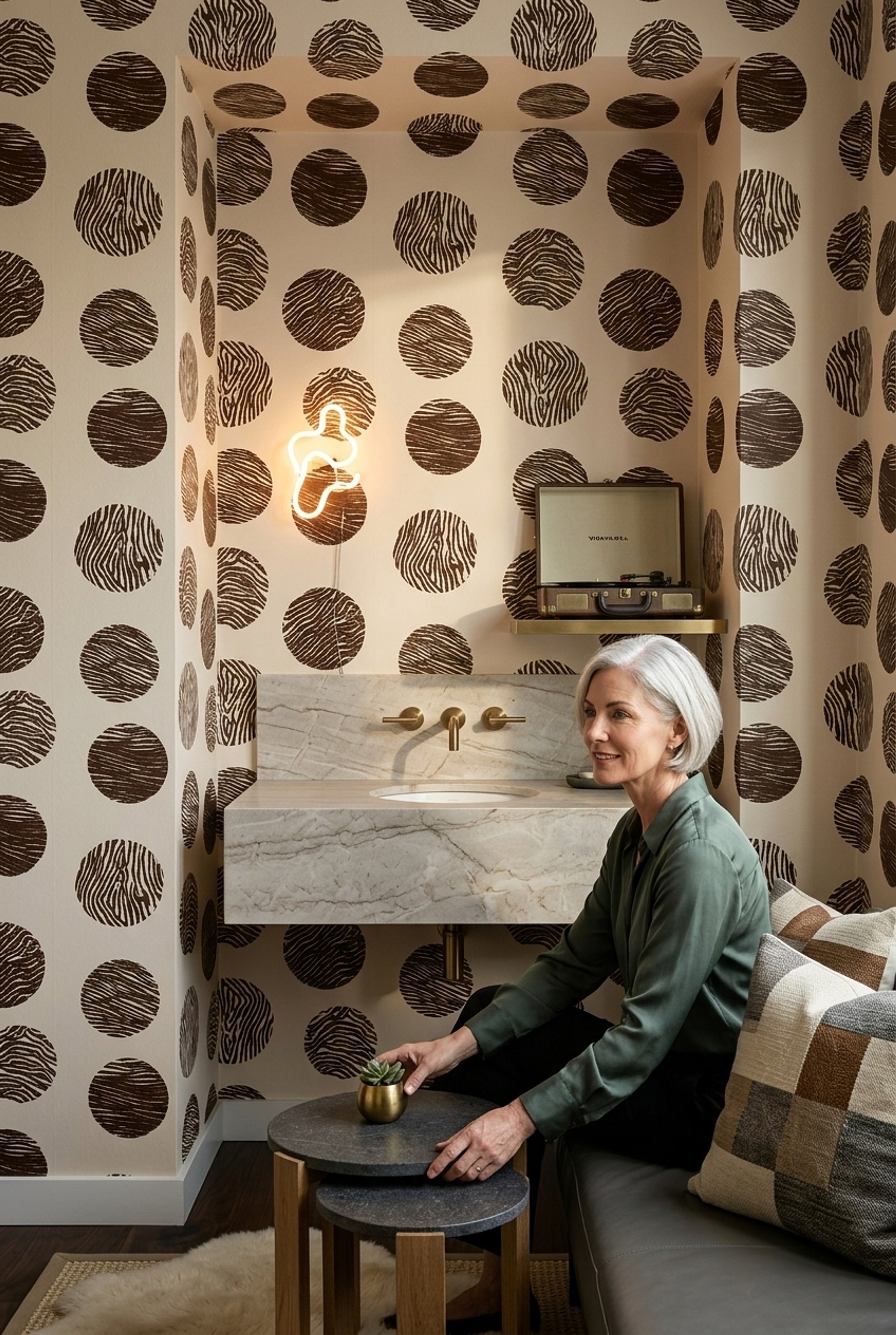 Zebra Desenli Puantiyeli Duvar Kağıdı Kahverengi Krem Salon