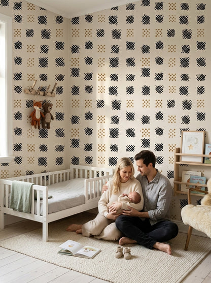 Geometrik Kare Desenli Duvar Kağıdı Bej Siyah Salon