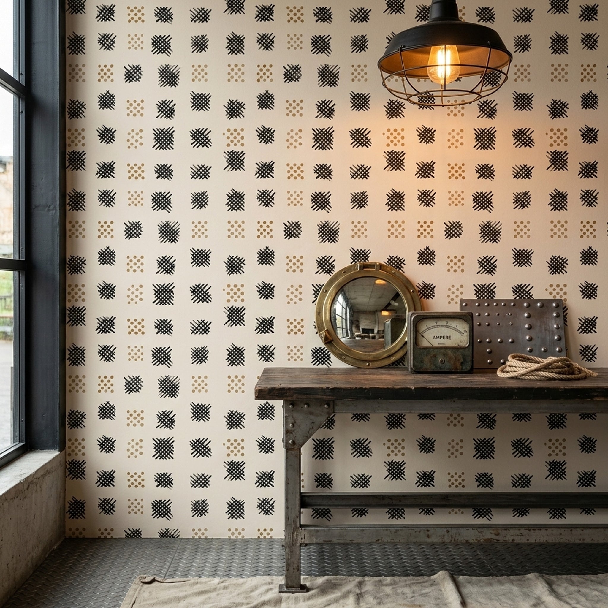 Geometrik Kare Desenli Duvar Kağıdı Bej Siyah Salon