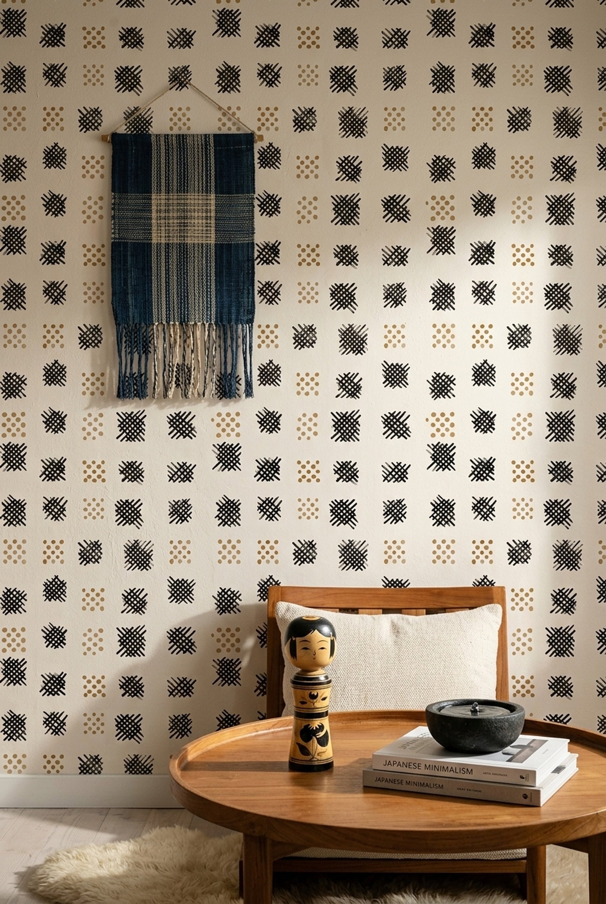 Geometrik Kare Desenli Duvar Kağıdı Bej Siyah Salon