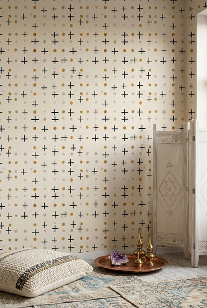 Artı ve Nokta Desenli Duvar Kağıdı Siyah Bej Banyo