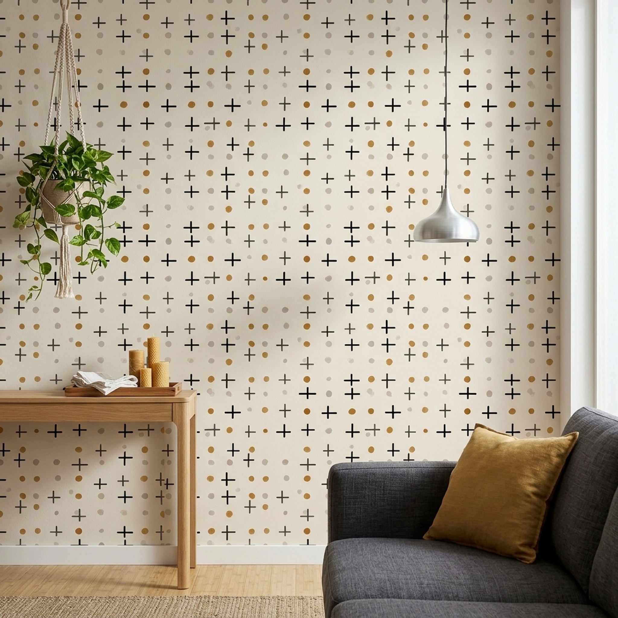 Artı ve Nokta Desenli Duvar Kağıdı Siyah Bej Banyo
